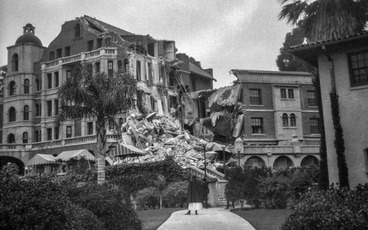 June 1925: Damaged Arlington Hotel following the June 29, 1925, Santa Barbara earthquake.
