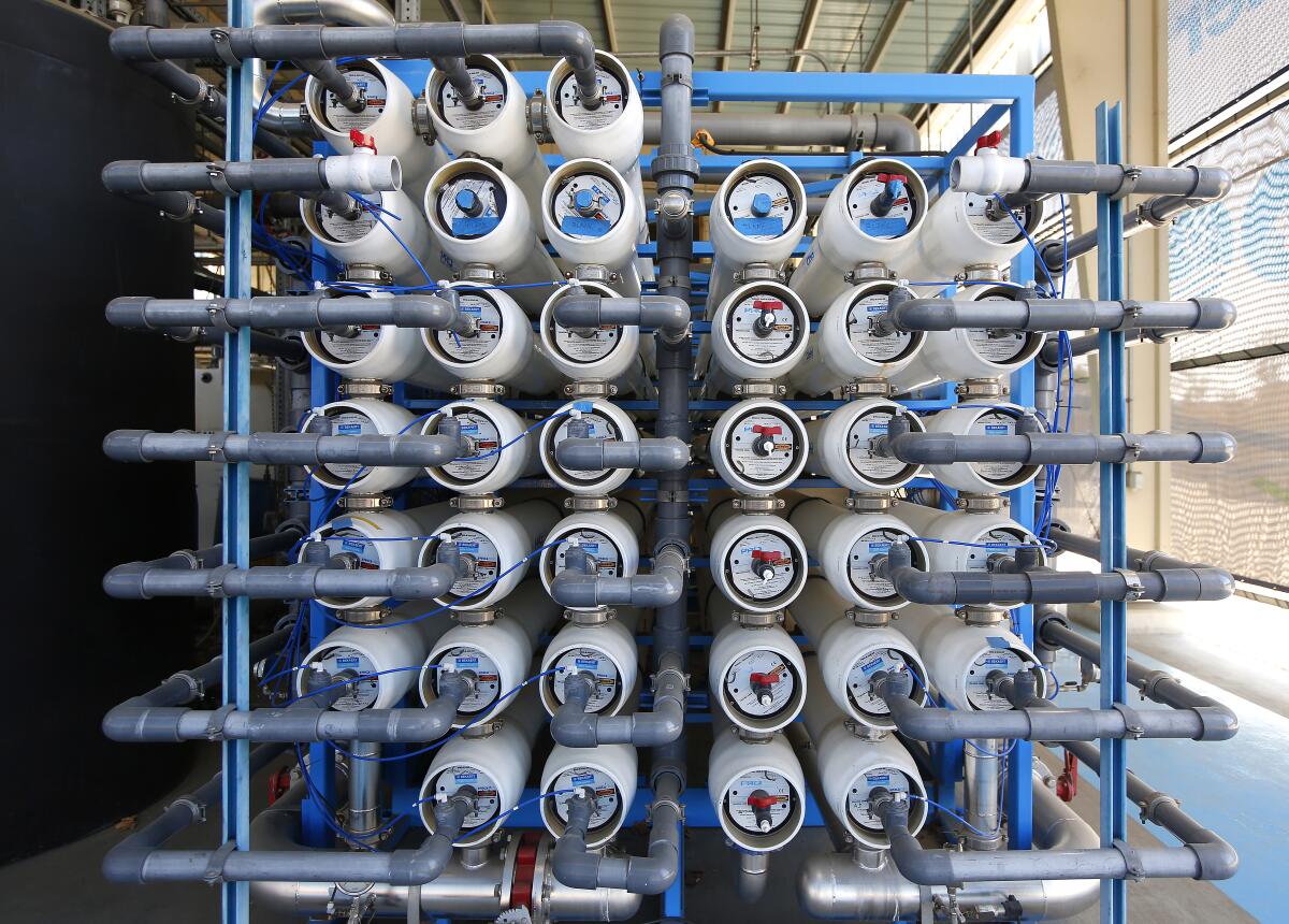 Reverse osmosis filters are stacked at the Pure Water Demonstration Facility in San Diego on Nov. 5, 2019.