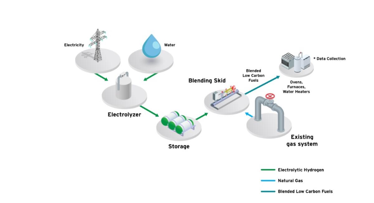 Diagram illustrating how hydrogen can be mixed into gas lines for use in residential or commercial equipment.