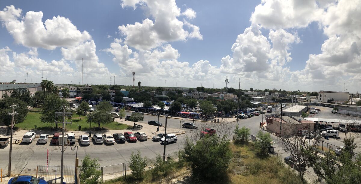 An elevated view from a distance of the Plaza Las Americas migrant camp in Reynosa, Mexico