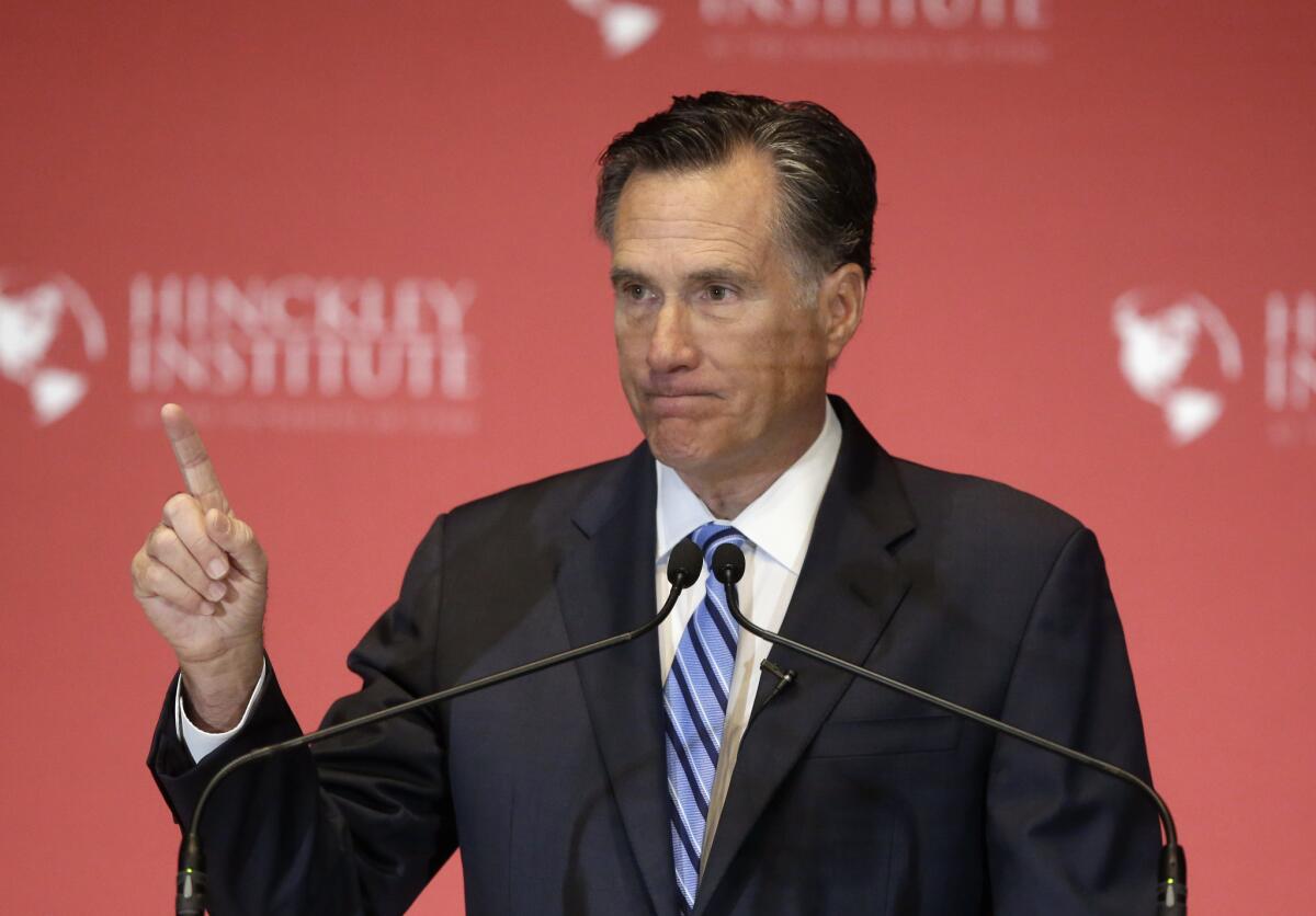 Former Republican presidential candidate Mitt Romney weighs in on the Republican presidential race during a speech at the University of Utah, Thursday, March 3, 2016, in Salt Lake City.
