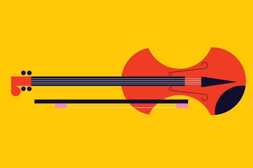 An illustration of a violin on a yellow background.