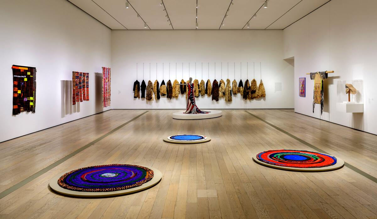 Installation photo of the exhibition 'Woven Histories: Textiles and Modern Abstraction' at LACMA