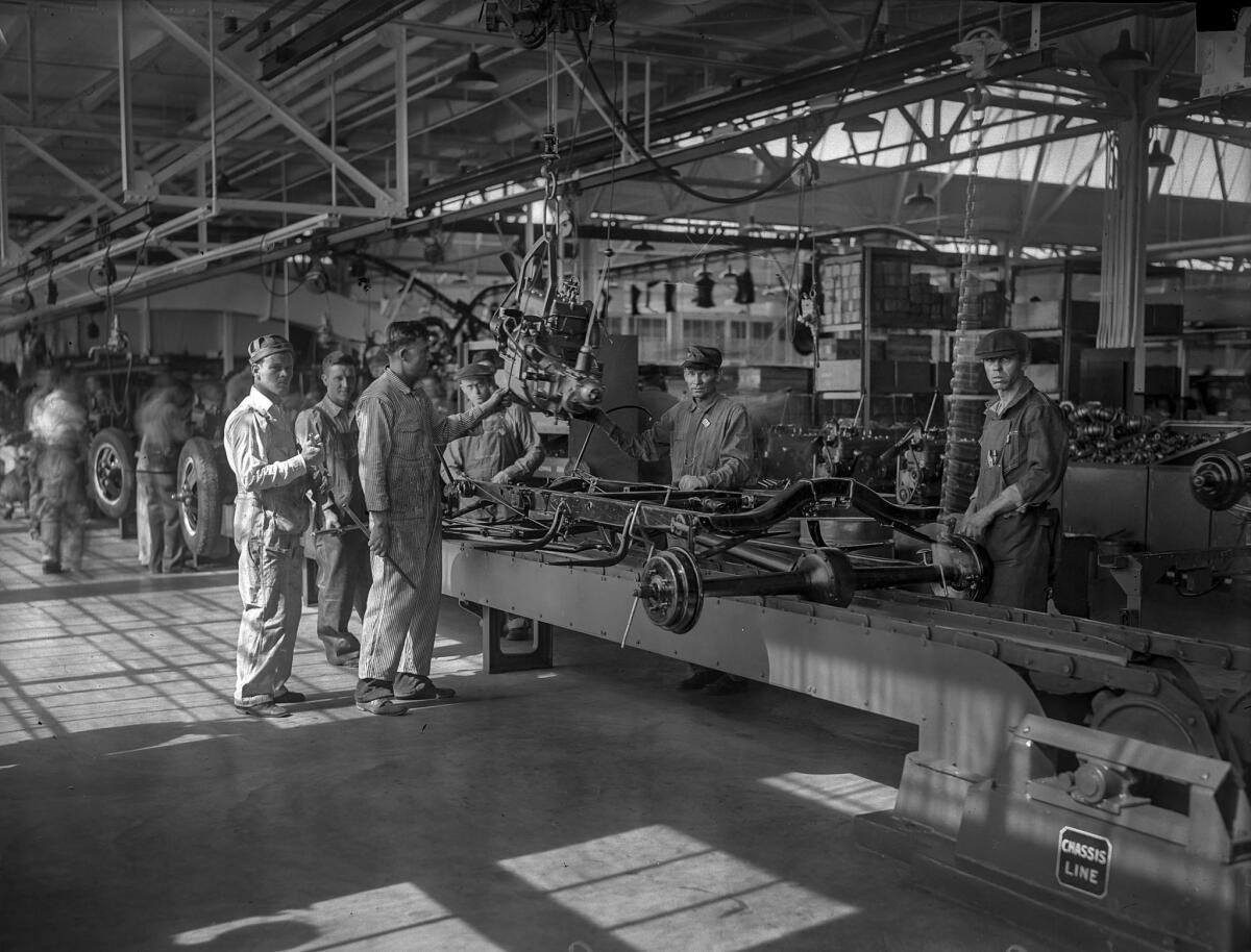April 21, 1930: Workers on the assembly line at new Ford Motor plant in Long Beach.