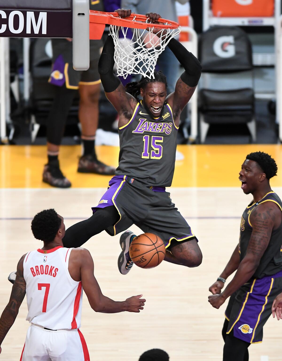 Lakers forward Montrezl Harrell dunks against the Houston Rockets on Wednesday.