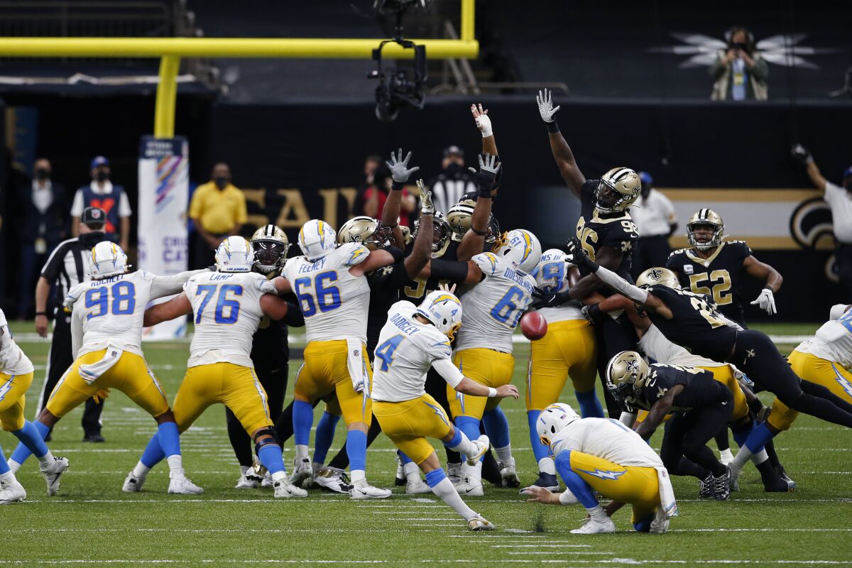 Chargers kicker Mike Badgley attempts a field goal that was no good.