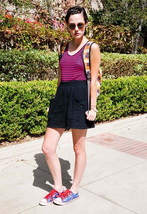 Lucy Lawrence, from Sherman Oaks, in a tank top from Urban Outfitters, high-waisted black skirt and Harajuku shoes.