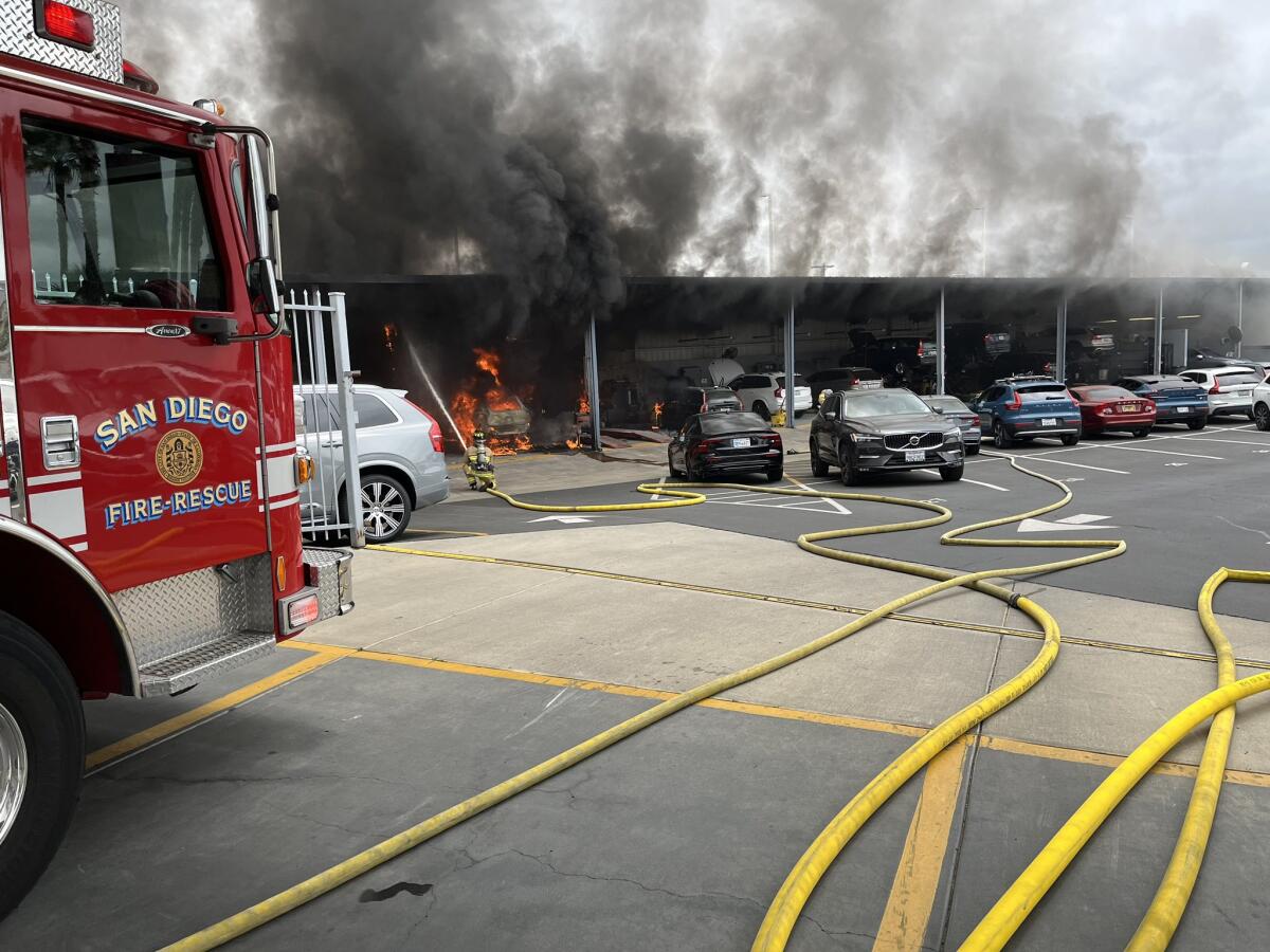 Multiple vehicles were damaged Wednesday afternoon in a fire at a Kearny Mesa dealership.