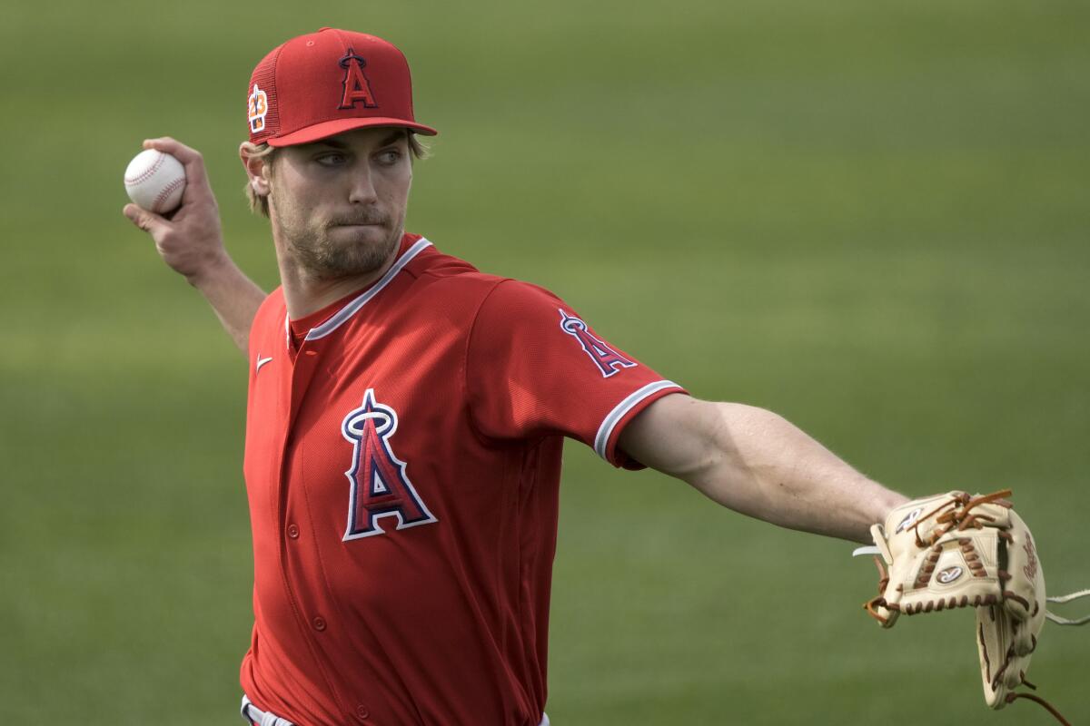 Ben Joyce throws during a spring training workout with the Angels in February.