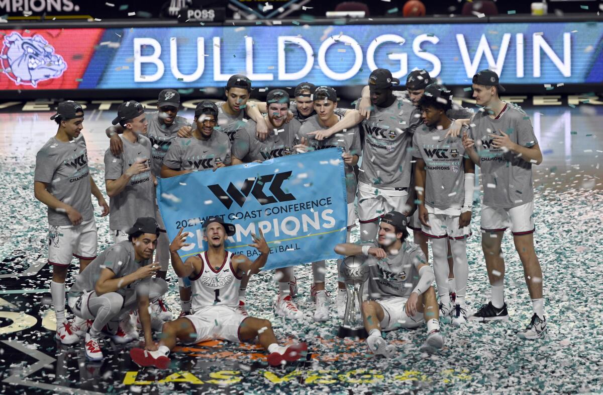 Gonzaga celebrates after defeating Brigham Young for the West Coast Conference tournament title on Tuesday.