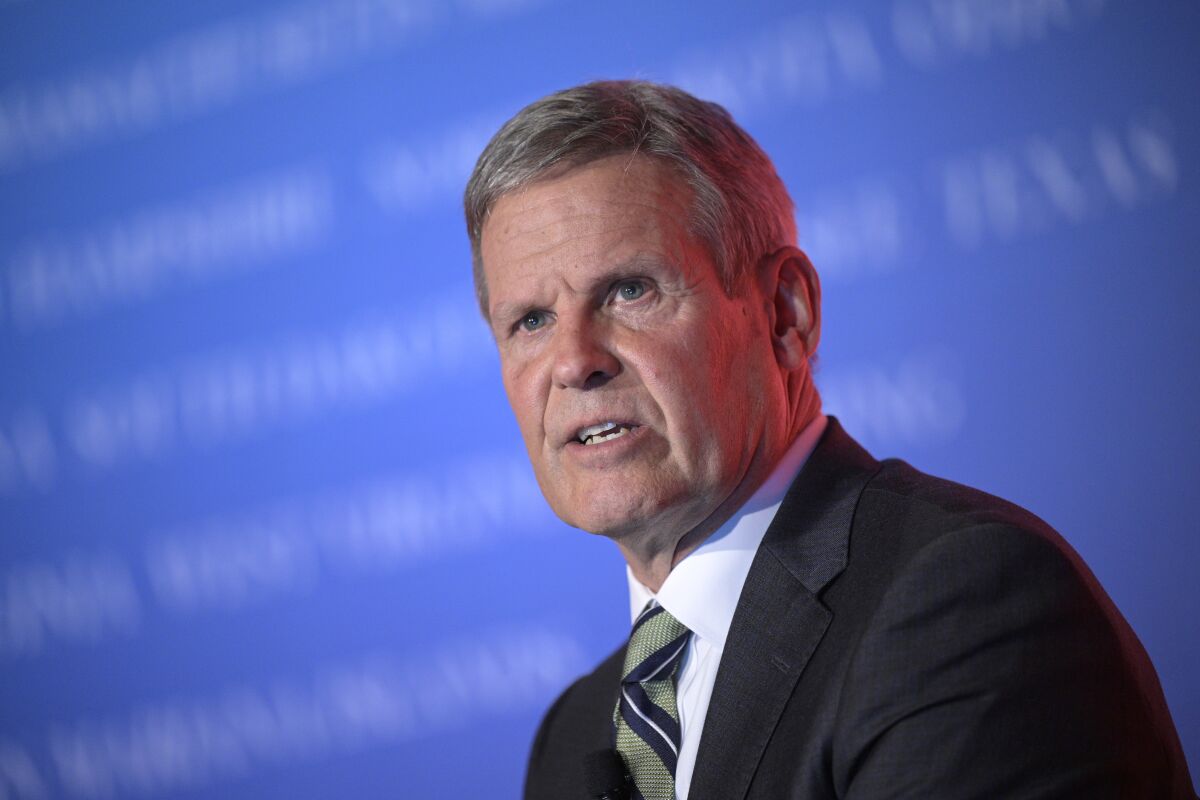 Tennessee Gov. Bill Lee answers a question while taking part in a panel discussion during a Republican Governors Association conference, Tuesday, Nov. 15, 2022, in Orlando, Fla. (AP Photo/Phelan M. Ebenhack)
