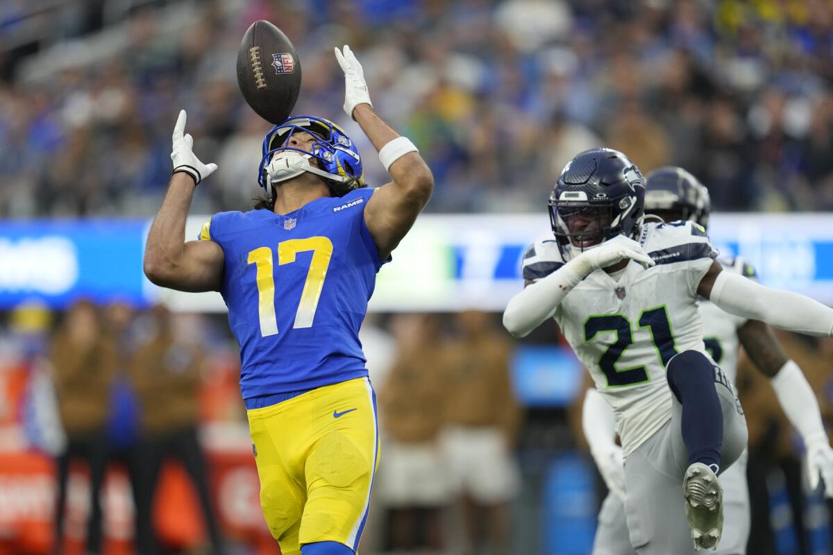 Rams receiver Puka Nacua (17) can't hold on to this pass against the Seattle Seahawks.
