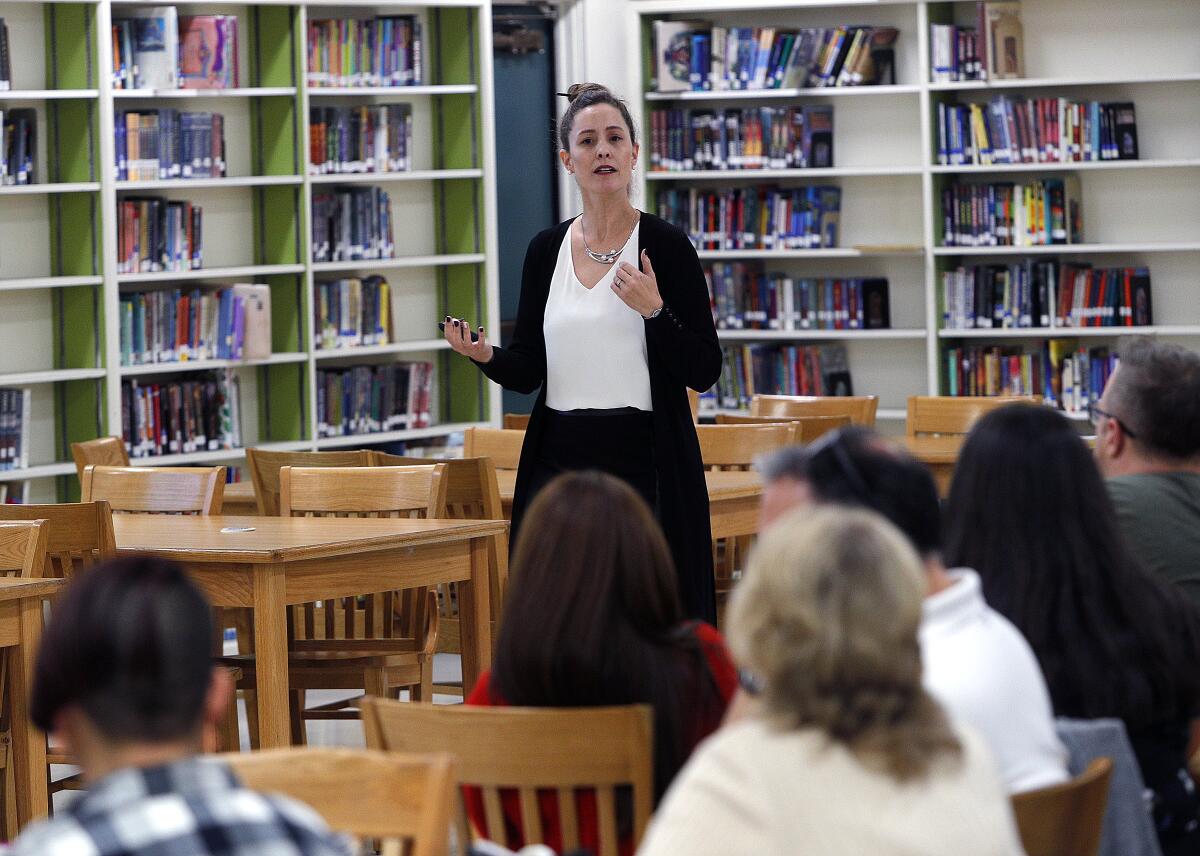 Summer Davidson Gomez of Reach Out Consulting leads a discussion called the "Supporting Our LGBTQ+ Youth" workshop at Luther Burbank Middle School on Wednesday. The workshop is designed to help parents and caregivers understand and reach out to the community's LGBTQ youth.