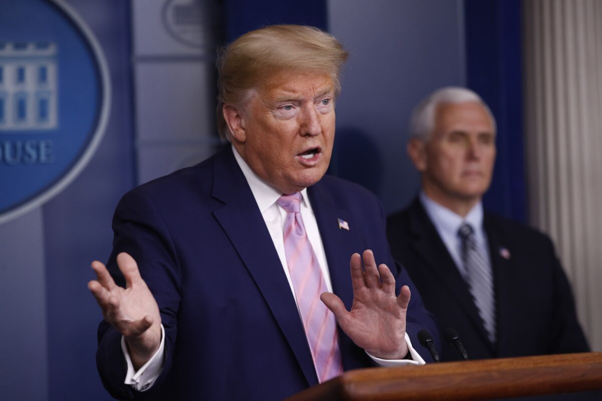President Trump speaks during a coronavirus task force briefing at the White House on April 4, 2020.