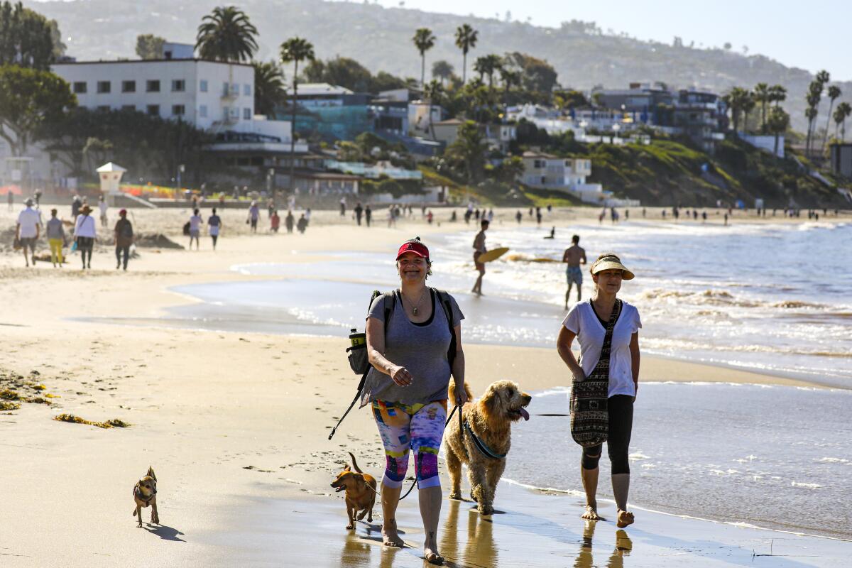 People stroll along the sand in Laguna Beach in May 2020.