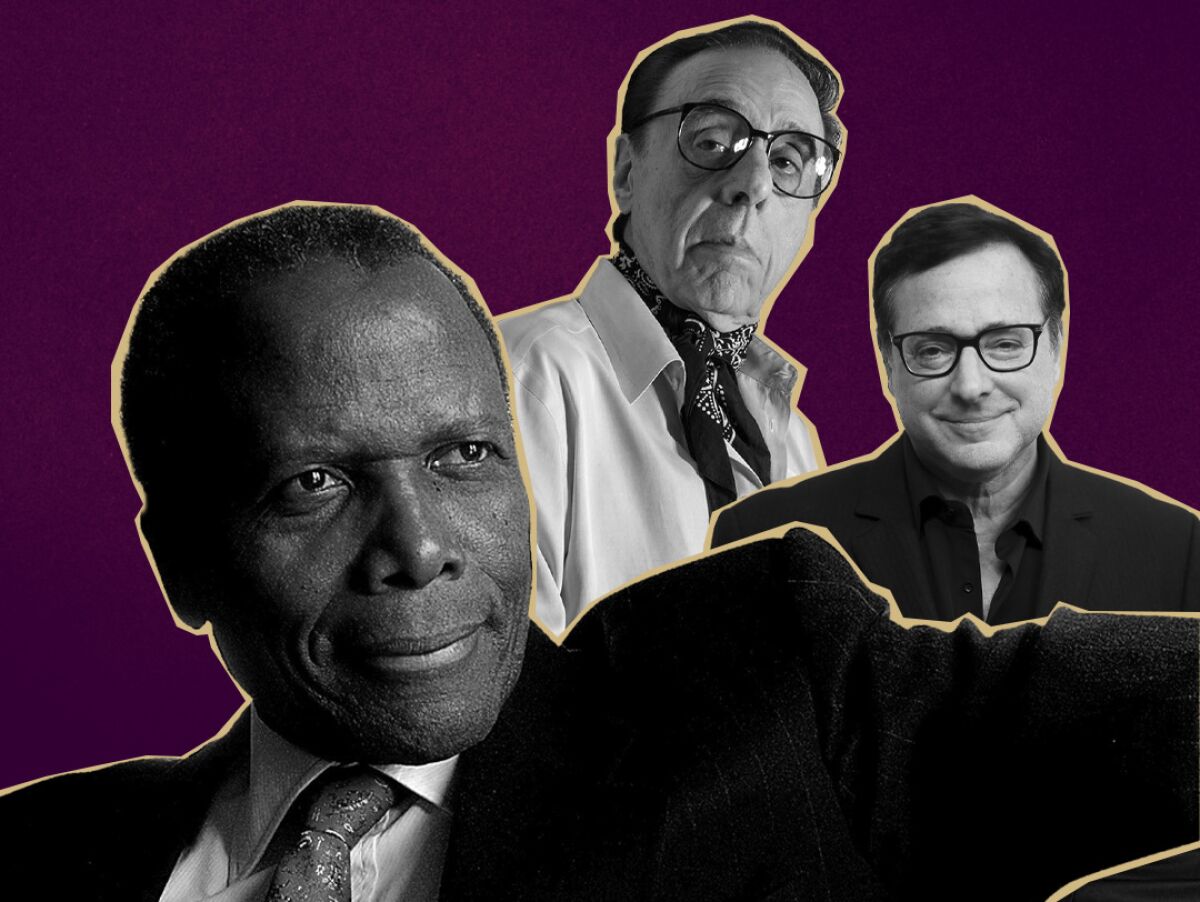 A collage of photos of Sidney Poitier, Peter Bogdanovich and Bob Saget.