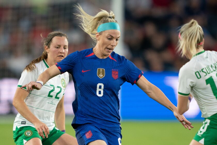 ST. LOUIS, MO - APRIL 11: Julie Ertz #8 of the United States dribbles the ball during an international friendly.