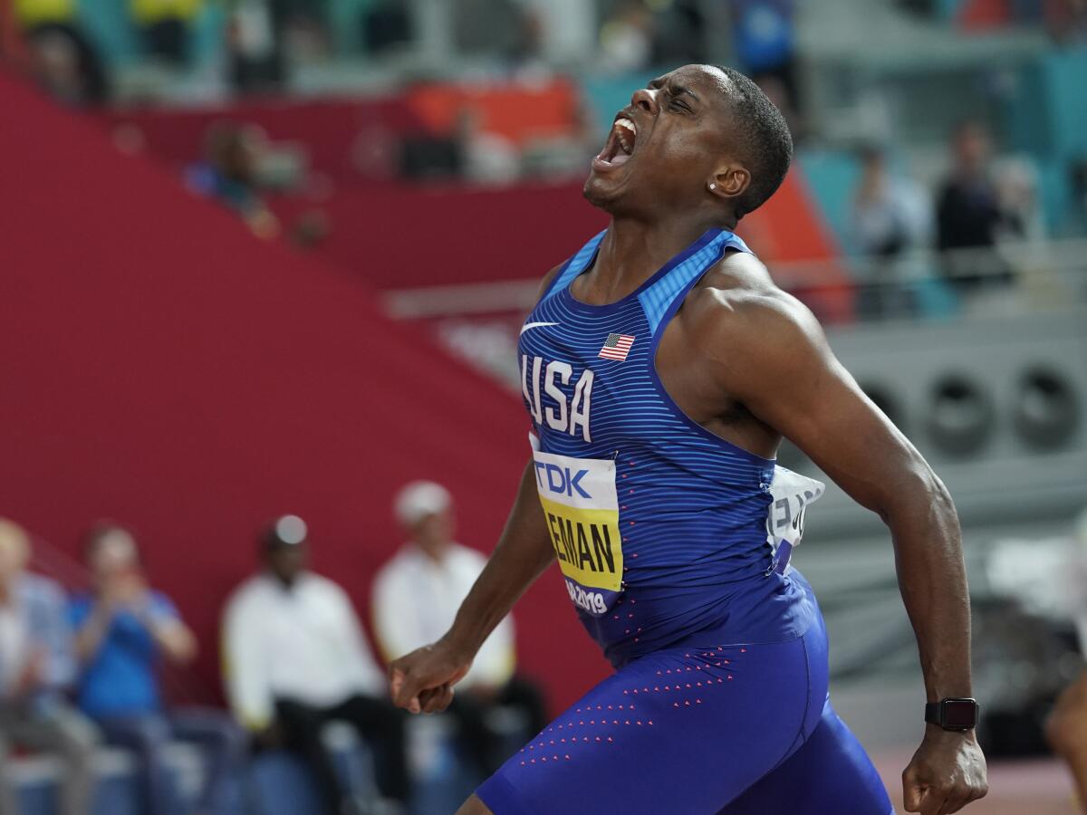 U.S. sprinter Christian Coleman celebrates with a yell after a win Sept. 28, 2019, in Doha, Qatar. 