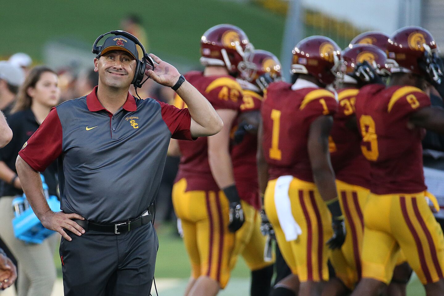 USC Coach Steve Sarkisian looks at the scoreboard after Stanford scored a touchdown on Sept. 19, 2015.