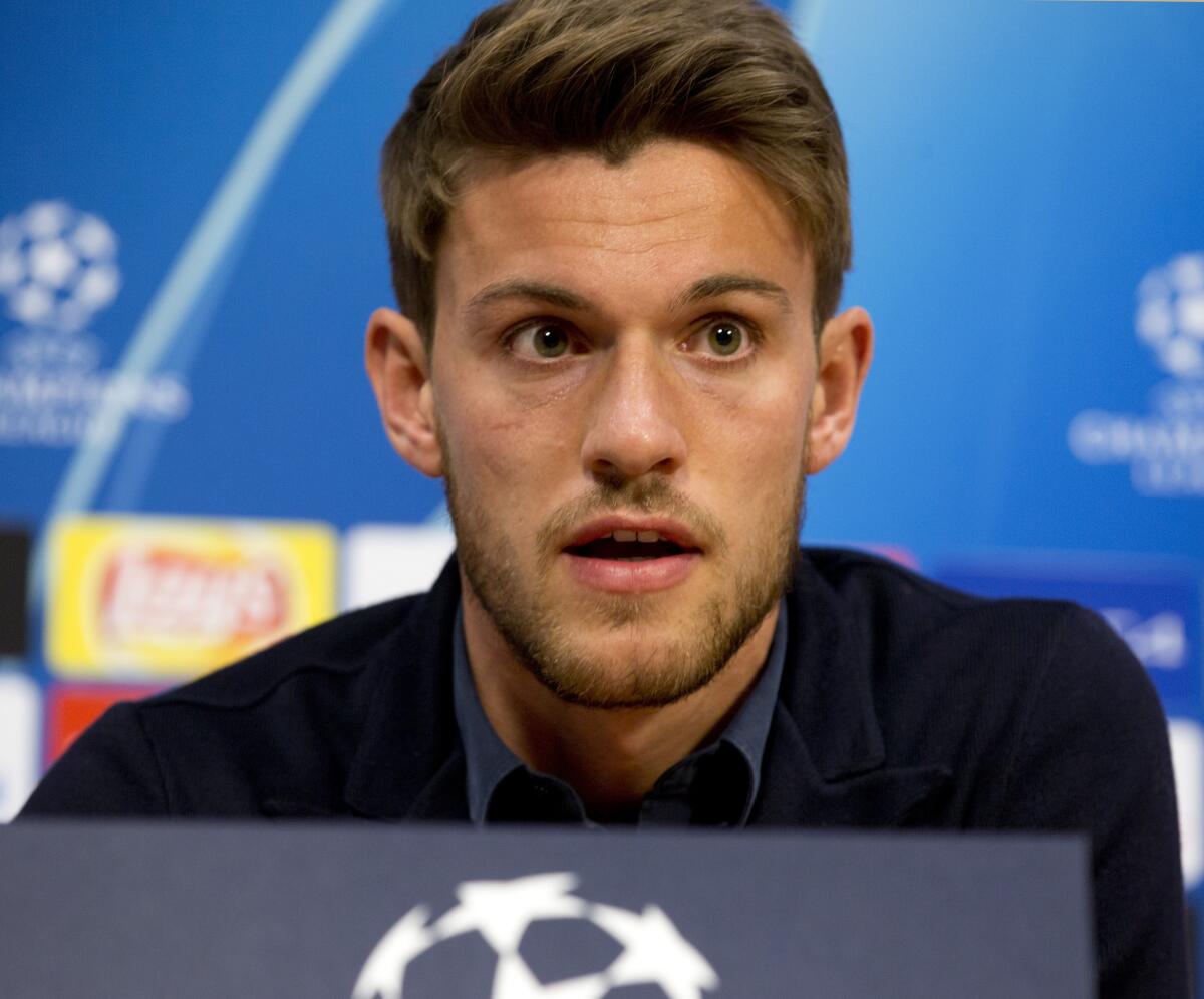 Juventus' Daniele Rugani answers questions during a news conference on April 9, 2019.