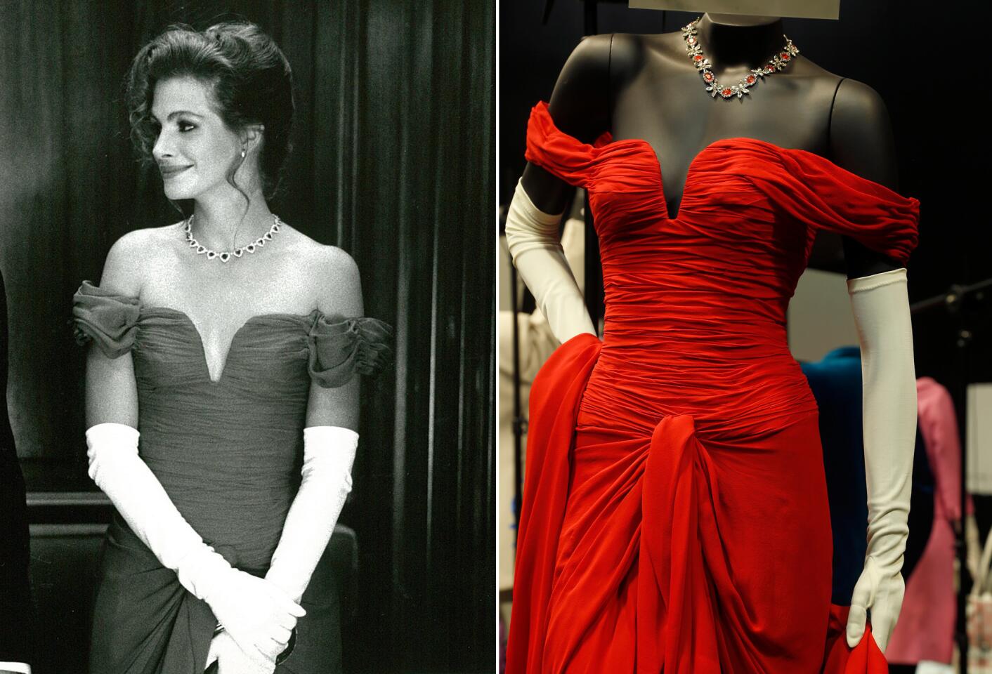 On the left, Julia Roberts stars as Vivian Ward in the romantic comedy "Pretty Woman." On the right, Roberts' red dress, silver necklace and white gloves are on display.