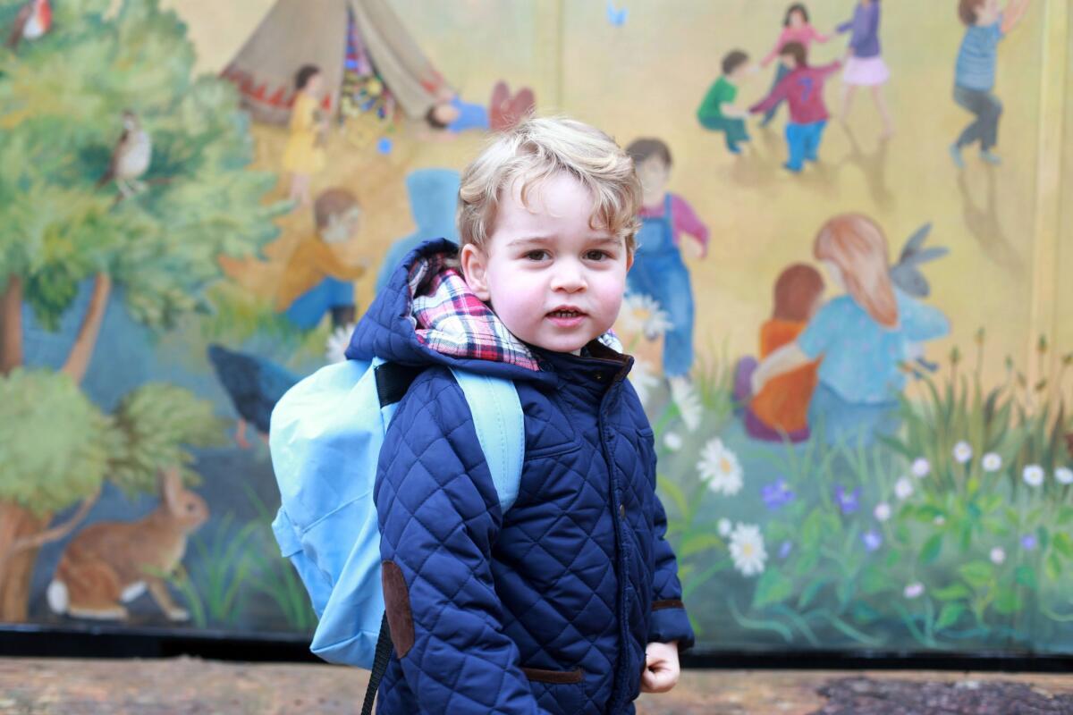 A photo taken by Britain's Catherine, Duchess of Cambridge, on Wednesday shows Prince George on his first day at the Westacre Montessori nursery school in Norfolk.