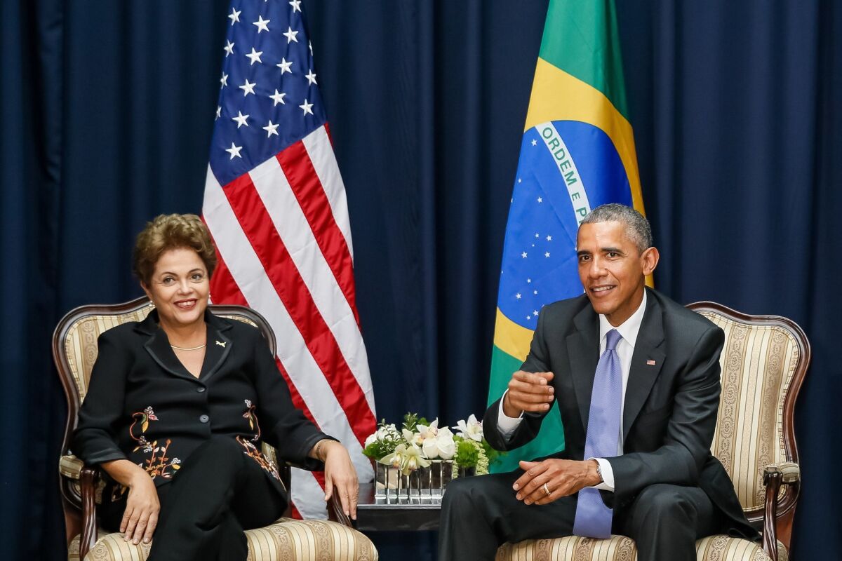 Brazilian President Dilma Rousseff meets with President Obama on the sidelines of the seventh Summit of the Americas in Panama City.