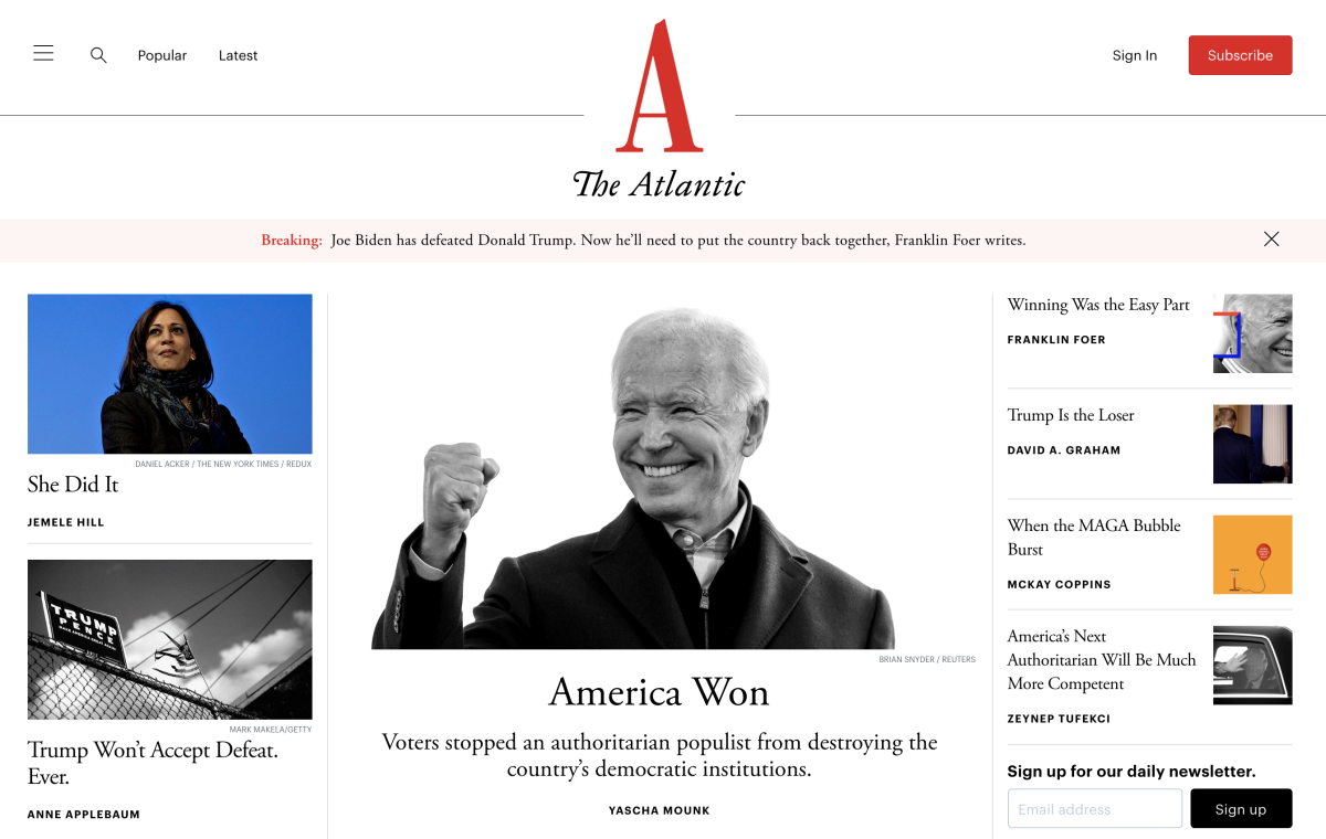This is the atlantic.com homepage after Joe Biden was elected president.