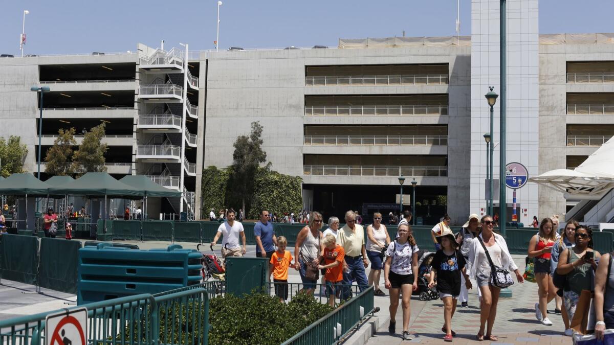 The giant Disney parking garage in Anaheim, shown in 2017, was built with bonds purchased by the city and paid off with taxes from the Disneyland Resort as well as from bed taxes from hotels throughout the city.