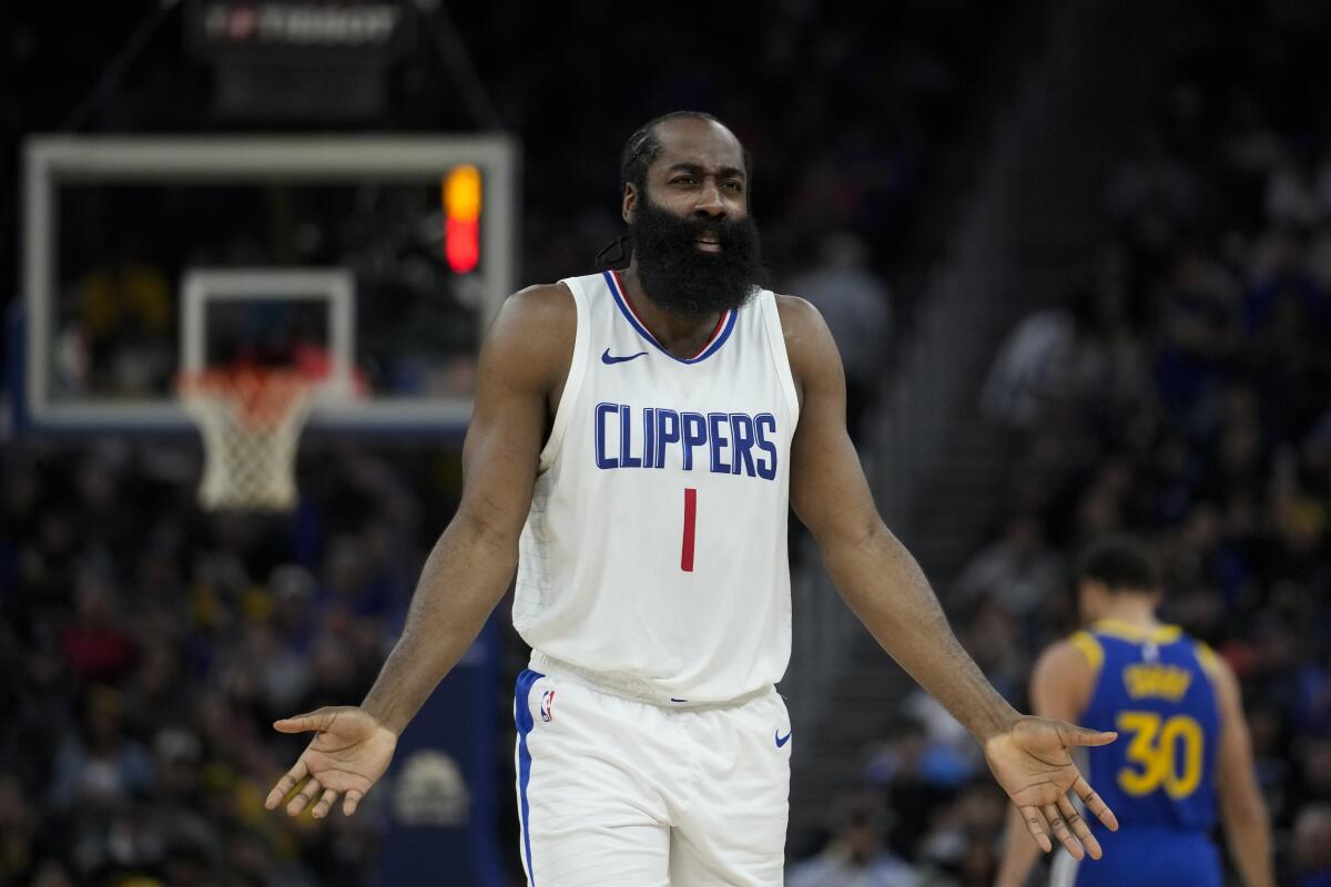 Clippers guard James Harden reacts after being called for a foul against the Golden State Warriors.