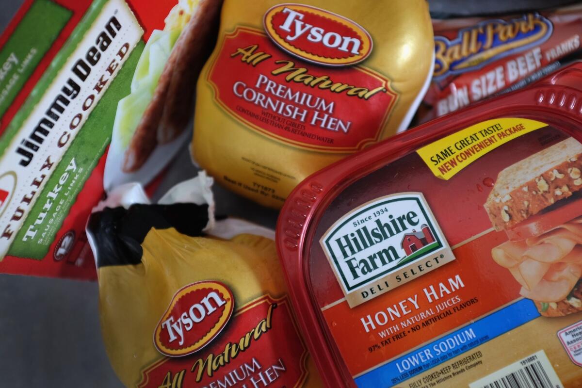Tyson Foods and Pilgrim's Pride are bidding to add Hillshire Brand's stable of products to their lineups. Above, some of Hillshire's and Tyson's brands.