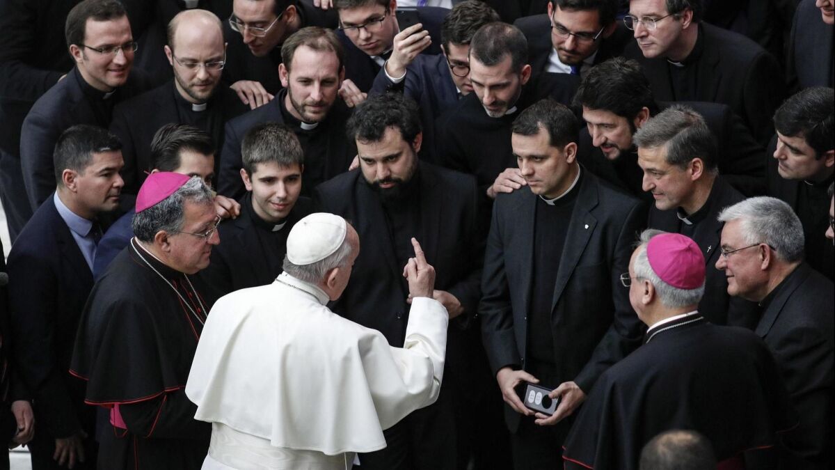 Pope Francis attends his weekly general audience at the Vatican on Feb. 20.