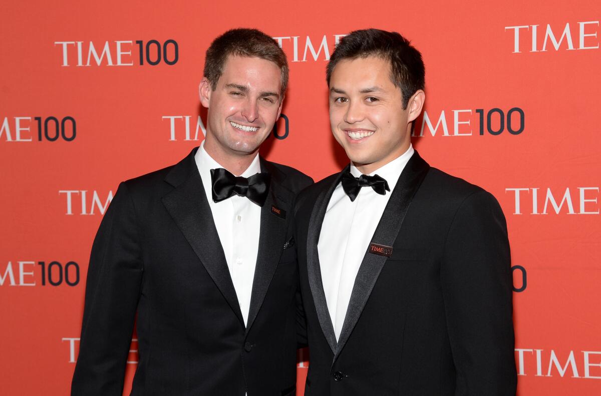 Snapchat cofounders Evan Spiegel, left, and Bobby Murphy arrive at the Time 100 Gala in New York in April 2014. Spiegel plays himself in the April 12 episode of the HBO series "Silicon Valley."