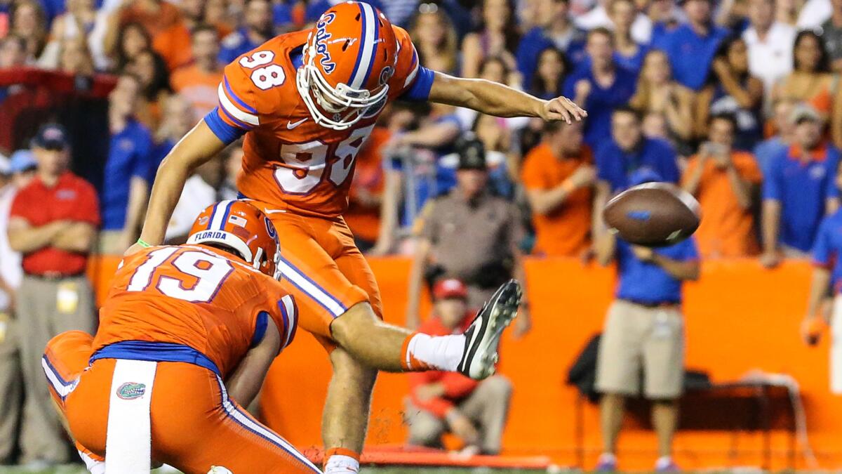 Florida is without backup kicker Jorge Powell (98), shown during a game against Mississippi on Oct. 3, and starter Austin Hardin. Powell is out for the season and Hardin has a hamstring injury.