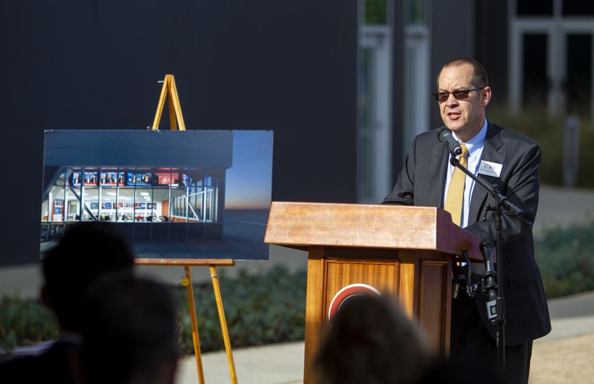John Weispfenning, chancellor of the Coast Community College District, speaks during Thursday's groundbreaking ceremony for the new Language Arts and Social Behavioral Sciences building at Orange Coast College in Costa Mesa.