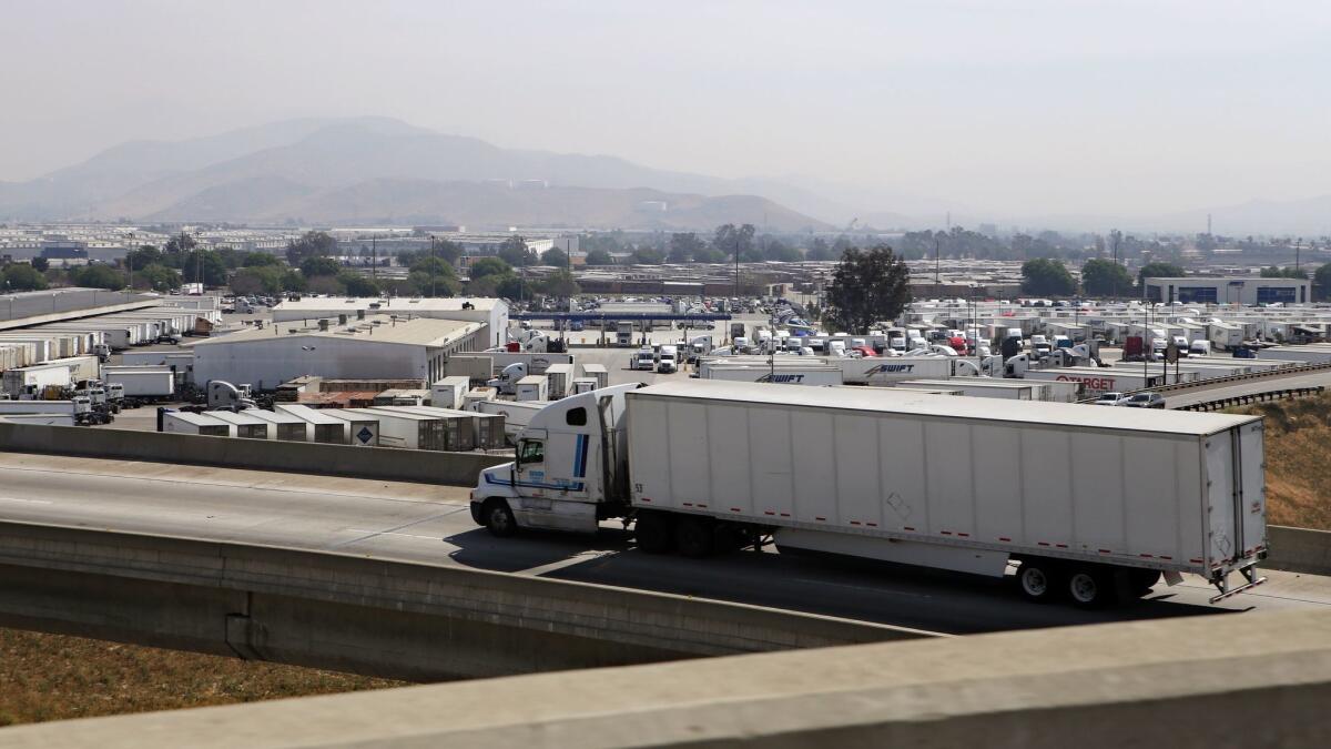 A warehousing and trucking facility in Ontario, Calif. Warehousing and transportation-related jobs in San Bernardino County jumped 16.2% from 2014 to 2015.