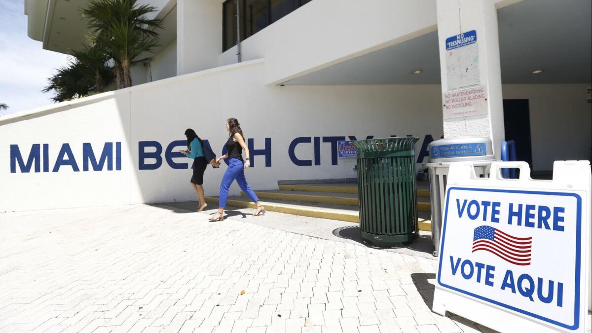 A polling station at Miami Beach City Hall open for early voting on Aug. 13, 2018. Florida is "an electorally dark place for 1.7 million citizens," Anderson writes.