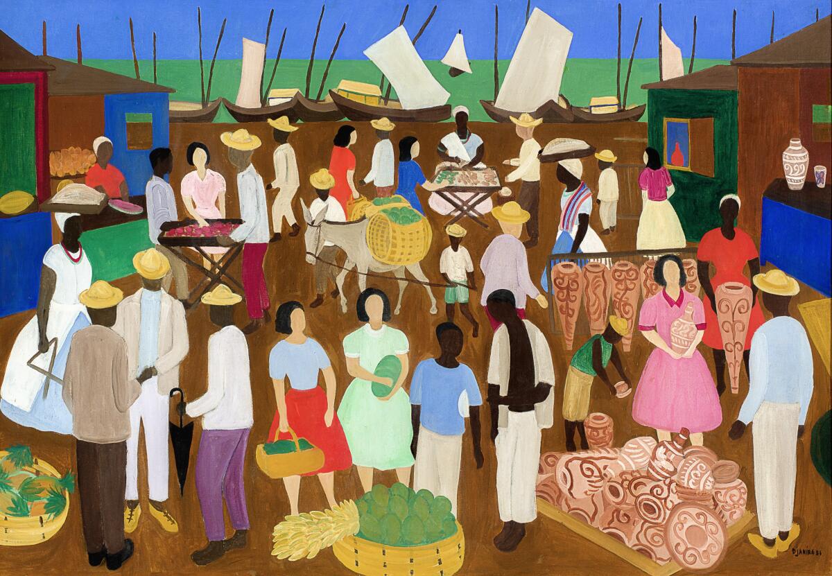 A colorful painting of people and animals in an outdoor market