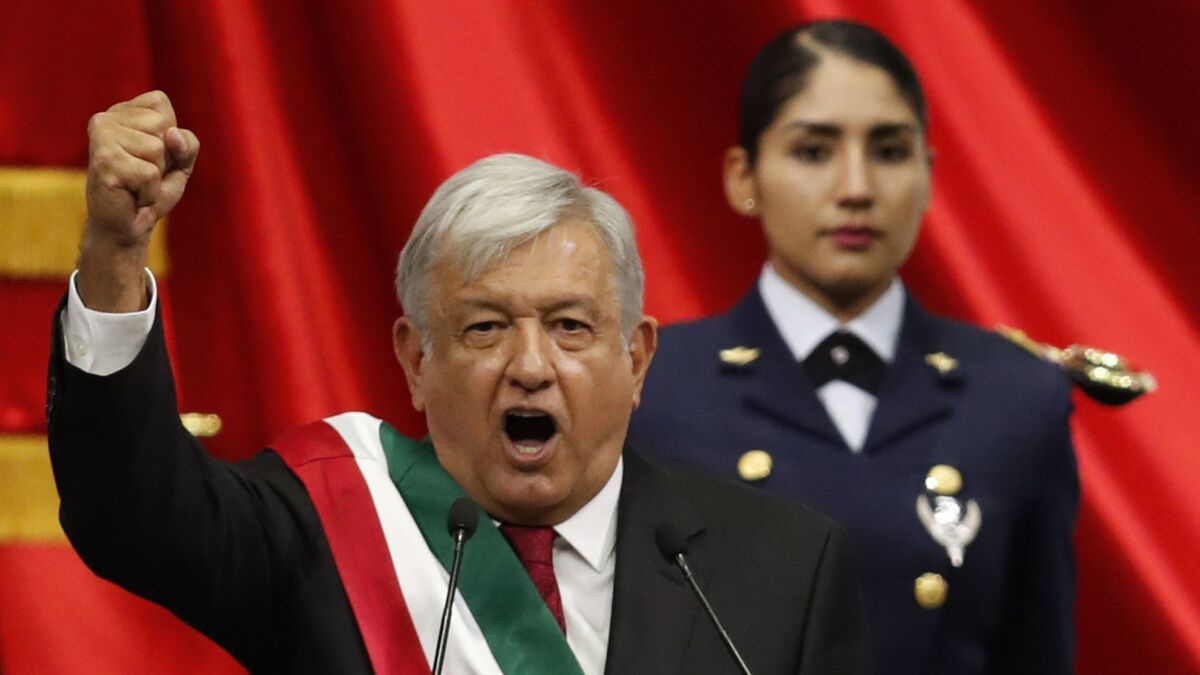 Newly sworn-in President Andres Manuel Lopez Obrador speaks during his inaugural ceremony Saturday at the National Congress in Mexico City,