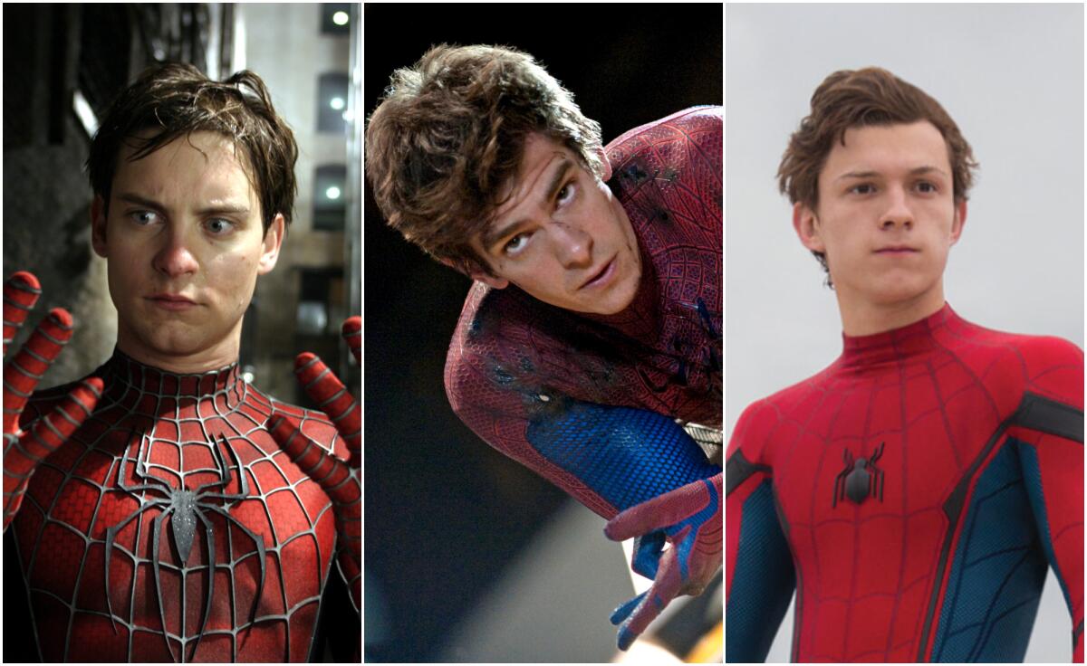 A split image of Tobey Maguire, left, Andrew Garfield and Tom Holland posing in Spider-Man suits