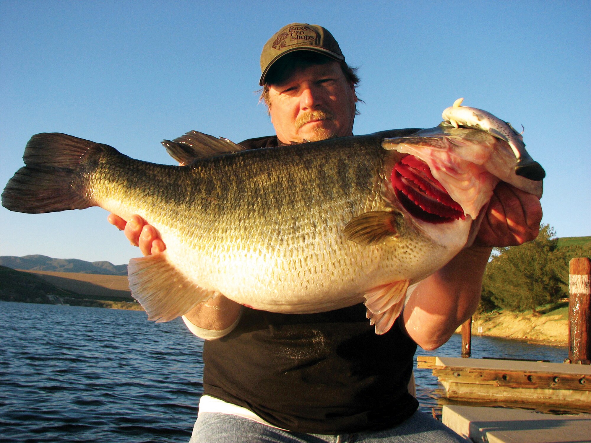 Butch Brown holds his personal best largemouth bass weighing 19.3 pounds. Caught at Castaic Lake Lagoon 