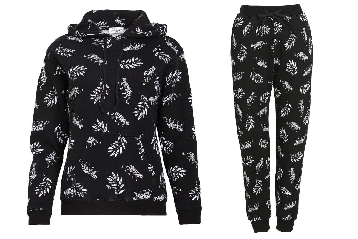 HVN's Tarzan leopard hooded sweatshirt ($140) and sweatpants ($140)