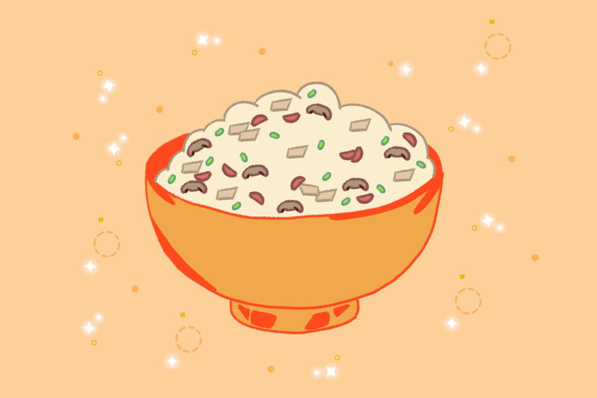 Illustration of turkey fried rice in a bowl.