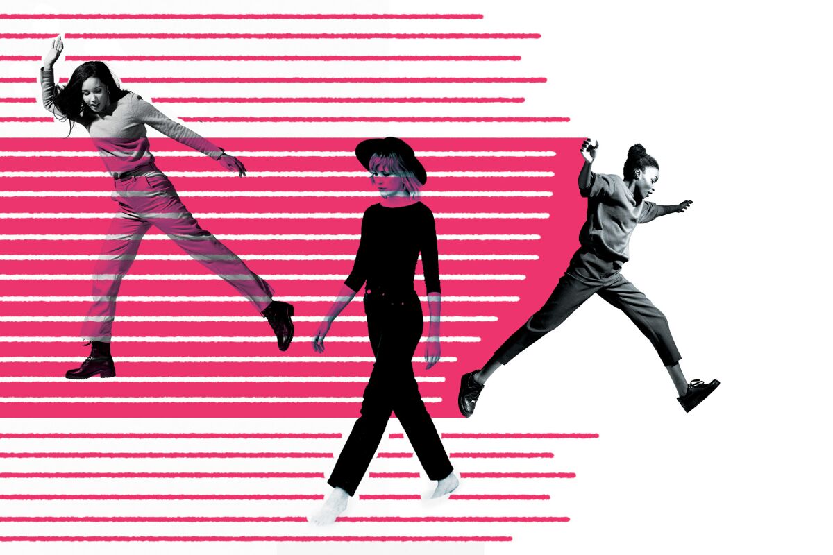 Illustration of three women walking and jumping