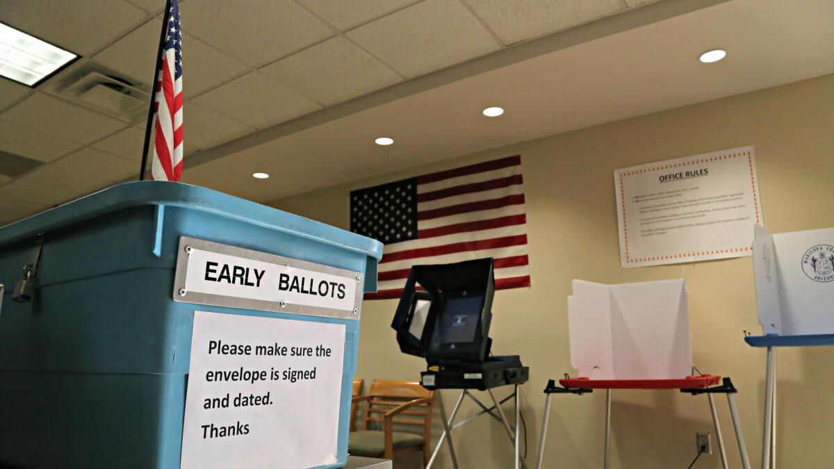 A ballot collection box at the Maricopa County Recorder's office in Phoenix.