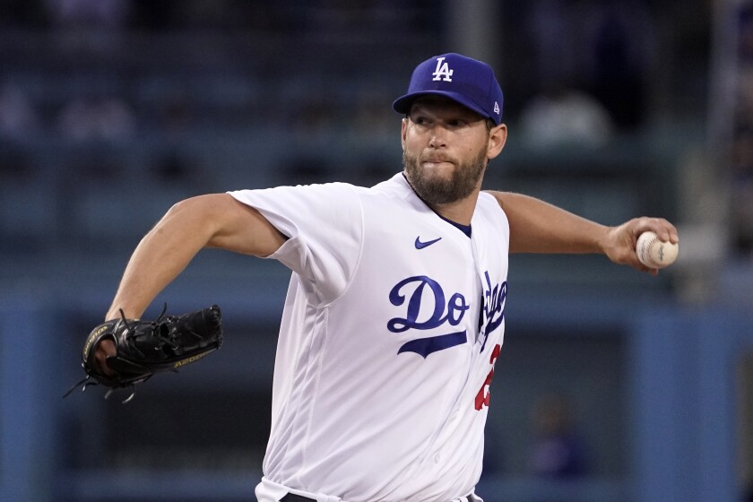 Los Angeles Dodgers starting pitcher Clayton Kershaw throws to the plate during the first inning of a baseball game against the Atlanta Braves Monday, April 18, 2022, in Los Angeles. (AP Photo/Mark J. Terrill)