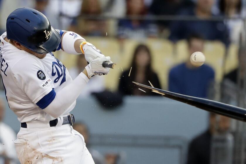 Los Angeles Dodgers' Enrique Hernandez breaks his bat as he grounds into a double play during the second inning of the team's baseball game against the Washington Nationals on Saturday, May 11, 2019, in Los Angeles. (AP Photo/Marcio Jose Sanchez)