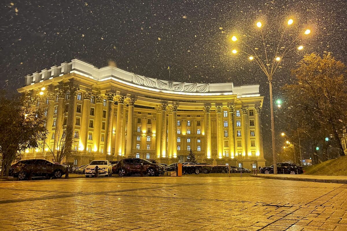 In this undated handout photo released by Ukrainian Foreign Ministry Press Service, the building of Ukrainian Foreign Ministry is seen during snowfall in Kyiv, Ukraine. Ukrainian officials and media reports say a number of government websites in Ukraine are down after a massive hacking attack. While it is not immediately clear who was behind the attacks, they come amid heightened tensions with Russia and after talks between Moscow and the West failed to yield any significant progress this week. (Ukrainian Foreign Ministry Press Service via AP)