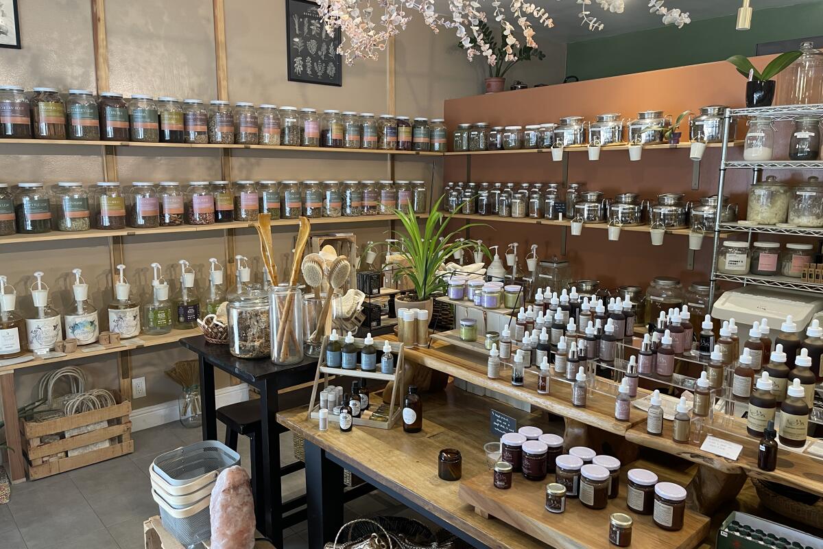 Products line the shelves at Earthensoul Studio City.