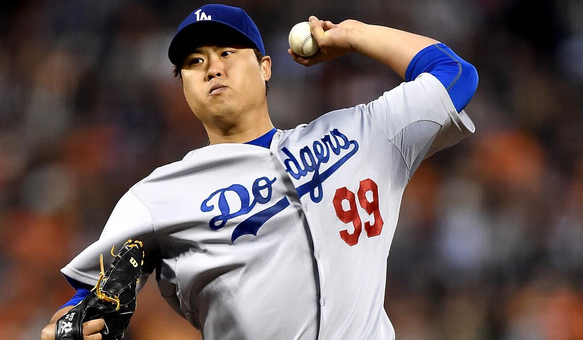 Dodgers starting pitcher Hyun-Jin Ryu gave up five hits, a walk and four runs in one inning against the Giants on Friday night in their series opener.